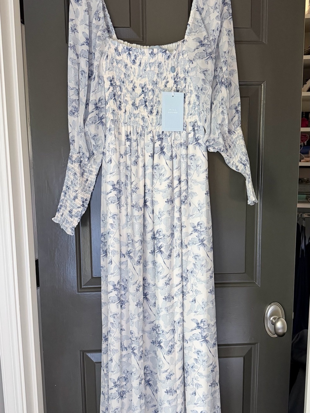 NWT House Nap DressSmocked Square-Neck Maternity Maxi Dress in Light Blue Flor - Picture 4 of 4